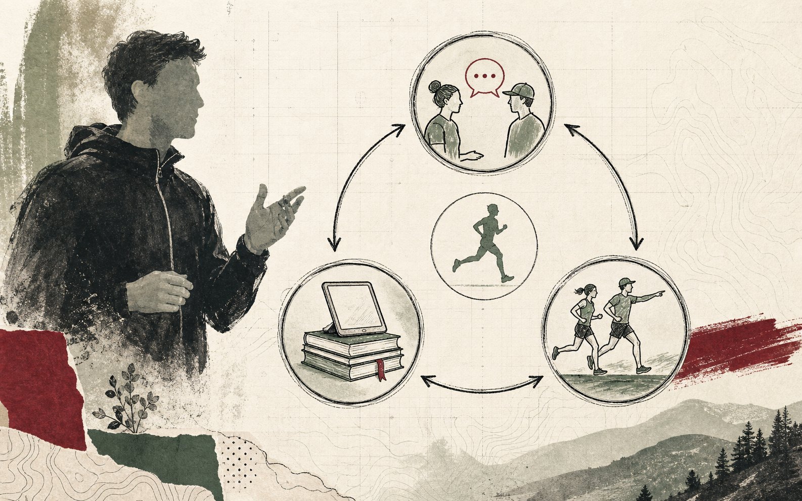 Runner's Base 改善サイクル：相談（コミュニティ）→ 学習（RB大学）→ 実践（個別レッスン）が循環するエディトリアル図