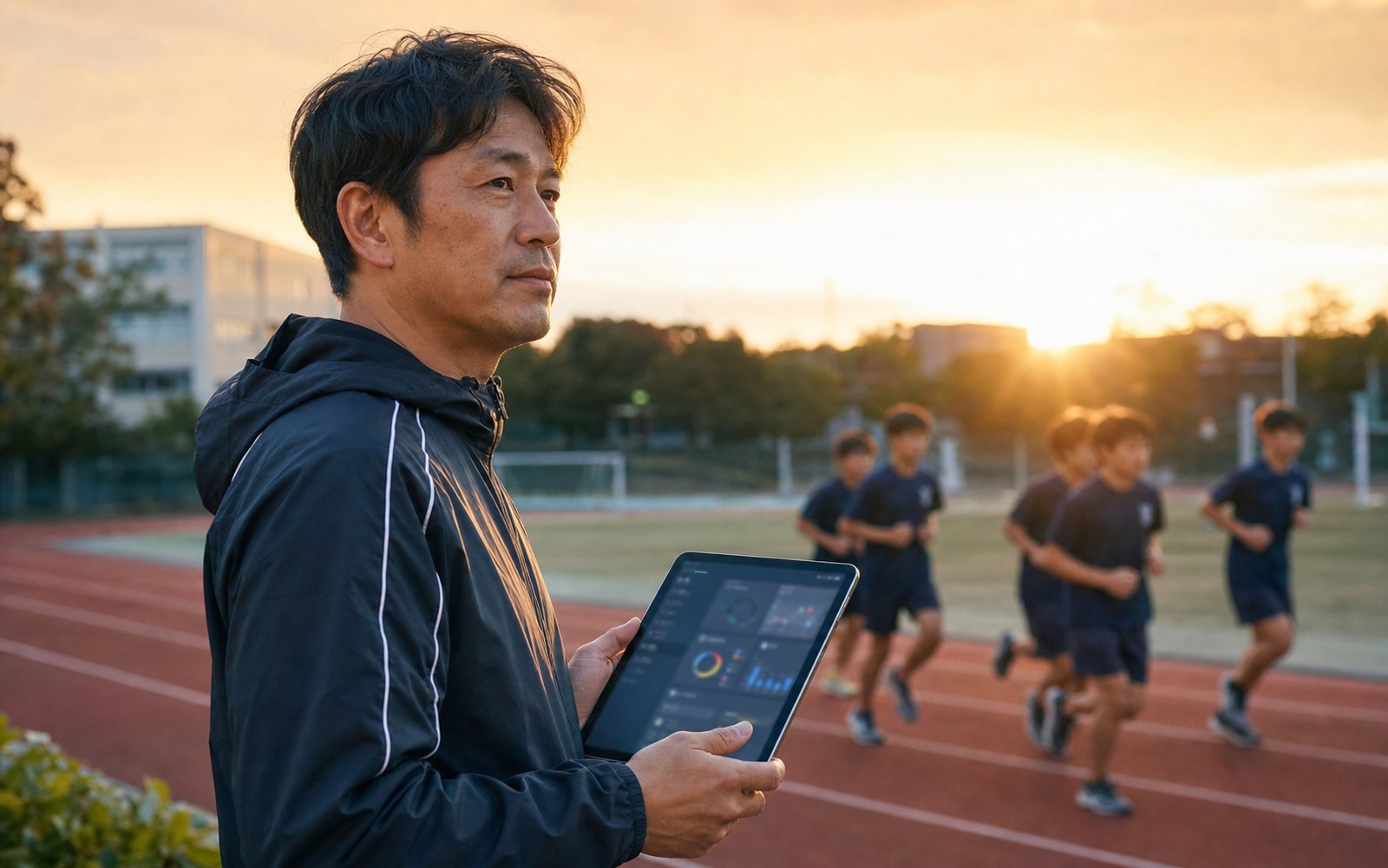 グラウンドで指導者がタブレットを見ながら、走る選手たちの状態を確認する様子